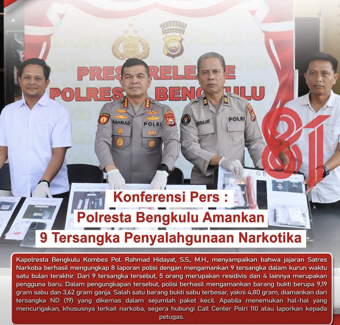 Gulung Jaringan Narkoba, Kapolresta Bengkulu Bekuk 9 Tersangka Sekaligus